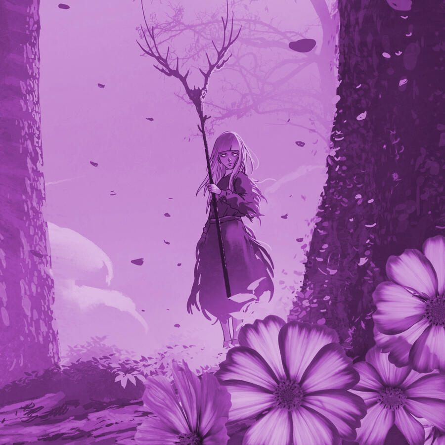 Floating Fairy Art by Tithi Luadthong depicting a woman in a forest with an antlered staff.